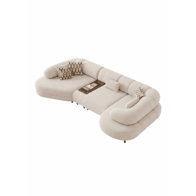 An off-white or beige contemporary sectional sofa characterized by its curvilinear, modular design. The sofa features soft, rounded edges and a low-profile silhouette, upholstered in a textured, boucle-like fabric. It comprises several segments that can be arranged in various configurations, including an integrated wooden tray table element. Small, subtly recessed wooden legs support the structure. — 3D model (AI enhanced source)