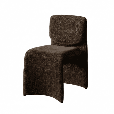 An armless chair featuring a unique, continuous sculptural form, fully upholstered in a dark brown, textured fabric. The seat flows seamlessly into the base, eliminating traditional legs, while a rounded, integrated back cushion provides support. — 3D model (AI enhanced source)