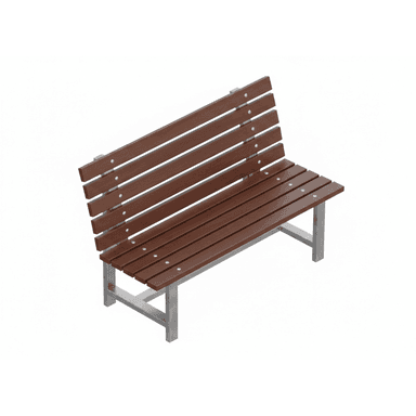 A modern outdoor bench featuring a backrest, constructed from horizontal wooden slats and a silver-colored metal frame. The slats are uniformly spaced and secured to the frame with visible fasteners. The bench design is clean and functional, typical of public seating. — 3D model (AI enhanced source)