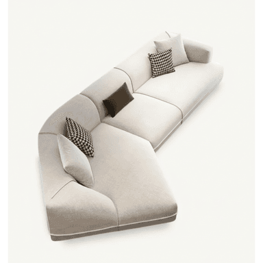 A large, L-shaped contemporary sectional sofa composed of multiple upholstered modules. It features soft, rounded lines, subtle contrast piping along the edges, and is accompanied by accent pillows in solid brown, light beige, and black and white houndstooth patterns. The main upholstery is a light beige, textured fabric. — 3D model (AI enhanced source)