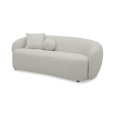 A contemporary, fully upholstered sofa featuring a distinct curved profile, covered in a textured bouclé fabric. It has a low-profile design with a continuous backrest and armrests that gently slope downwards. The sofa is supported by small, discreet black feet and includes two matching throw pillows: one square and one round. — 3D model (AI enhanced source)