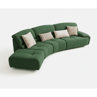 A modular, curved sectional sofa upholstered in a textured, dark green fabric. The sofa features deep seat cushions with tufted detailing, creating a series of square segments. It includes a chaise lounge extension on the left side. Several throw pillows are placed on the sofa: two in a soft pink, one with brown and beige stripes, and one in a textured beige fabric. — 3D model (AI enhanced source)