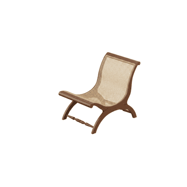 A low-slung, armless lounge chair featuring a dark stained wooden frame and natural cane webbing for both the seat and backrest. The frame exhibits curved profiles, contributing to a relaxed aesthetic. — 3D model (AI enhanced source)