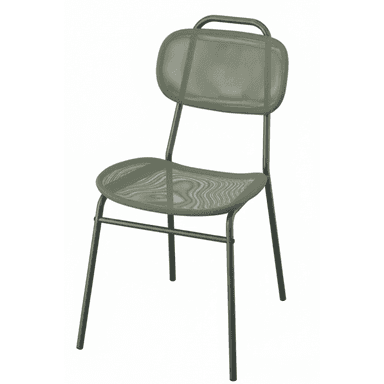 An armless contemporary dining chair featuring a dark green finish. The chair has a tubular metal frame, with the seat and backrest constructed from a matching dark green mesh fabric. The backrest is slightly curved and includes an integrated handle-like element at the top. — 3D model (AI enhanced source)