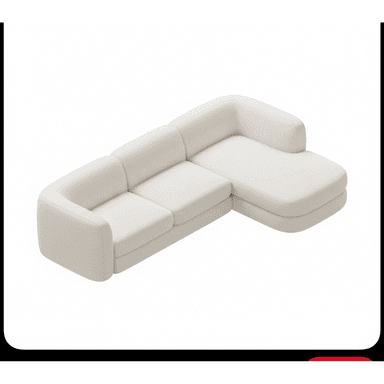 A cream or off-white L-shaped sectional sofa with soft, rounded edges, upholstered in a textured fabric. It features a main two-seat section connected to a single-seat section that extends into a chaise lounge, creating a corner configuration. The design is contemporary and minimalist, with clean lines and no visible legs or intricate detailing, suggesting a low-profile base. — 3D model (AI enhanced source)