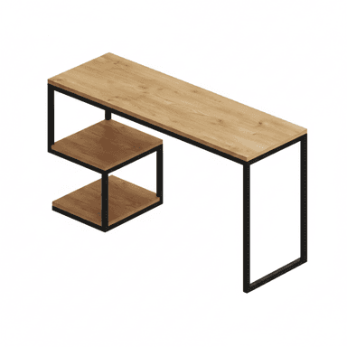 A modern and minimalist desk or console table featuring a light wood-look rectangular top surface and two open shelves, supported by a black rectangular metal frame. The design is asymmetrical, with the shelves positioned at one end, creating an open leg space at the other. — 3D model (AI enhanced source)