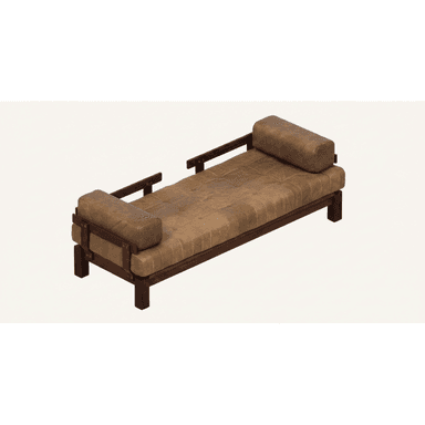 A mid-century style daybed featuring a dark-stained exposed wooden frame and a tufted brown leather cushion, complemented by two cylindrical bolster pillows at each end. — 3D model (AI enhanced source)