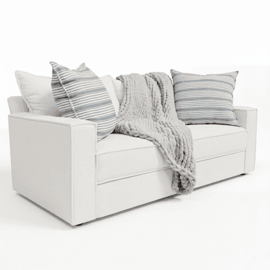 A contemporary two-seater sofa upholstered in a white fabric, featuring square track arms and adorned with striped accent pillows and a chunky knit throw. — 3D model (AI enhanced source)