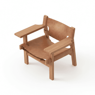 A craftsman-style lounge chair featuring a sturdy, light-toned wooden frame with a slung natural leather seat and backrest. The backrest includes distinctive circular cutouts, and wide wooden armrests are integrated into the robust frame. — 3D model (AI enhanced source)