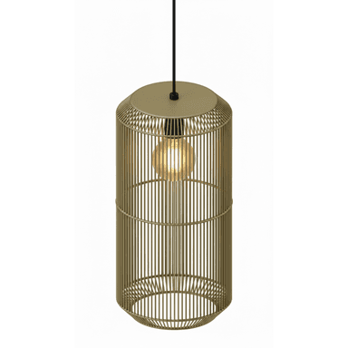 A modern cylindrical pendant light featuring an open, slatted design constructed from slender metal rods. The fixture has a matte gold or brass finish and houses a visible, warm-toned Edison-style light bulb. It hangs from a black electrical cord, with a solid round cap at the top of the shade where the cord enters. The slatted cage is divided into two sections by a horizontal band, adding a subtle design detail. — 3D model (AI enhanced source)