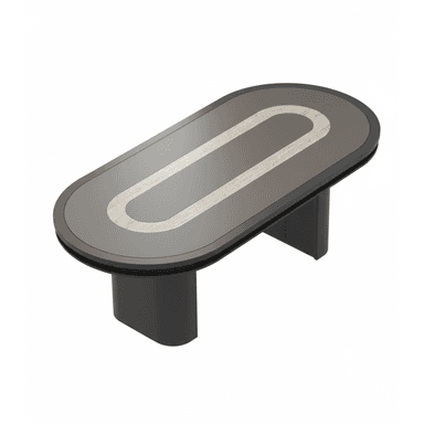 An oval conference table featuring a dark grey tabletop with a lighter, contrasting oval inlay, supported by two solid, rectangular panel bases. — 3D model (AI enhanced source)