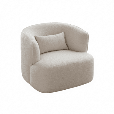 A modern, cream-colored barrel-shaped accent chair, upholstered in a textured bouclé fabric, featuring a compact design with integrated curved armrests and a supportive backrest. A small rectangular lumbar pillow is included. — 3D model (AI enhanced source)