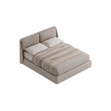 A modern platform bed with a fully upholstered frame and a distinct two-panel headboard. The bed is presented with light-colored bedding, including pillows and a blanket. — 3D model (AI enhanced source)
