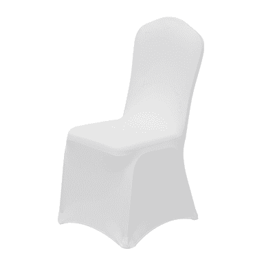 A white stretch chair slipcover entirely covering a dining chair, presenting a sleek and uniform appearance. The slipcover conforms to the chair's shape, highlighting its slightly curved backrest and defined seat area, with the fabric extending to the floor to conceal the chair's legs. — 3D model (AI enhanced source)