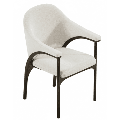 A modern armchair featuring a curved upholstered back and seat, supported by a dark, open wood frame that forms the legs and integrated armrests. The upholstery is a light, textured bouclé fabric. — 3D model (AI enhanced source)
