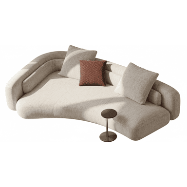 A modern, large, curved sectional sofa upholstered in a light beige textured fabric. It features a low-profile design with integrated, rounded backrests that follow the organic curvature of the piece. The sofa is accessorized with several loose throw pillows in matching and contrasting reddish-brown fabric, contributing to its comfortable and inviting appearance. A small, dark side table is placed near one end. — 3D model (AI enhanced source)
