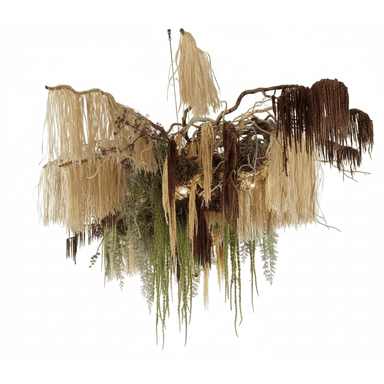 A large, multi-layered ceiling light fixture composed of intertwined natural branches and various cascading botanical elements. It features long, fibrous materials in beige, brown, and green, resembling dried grasses and foliage, with integrated light sources providing ambient illumination from within the dense structure. — 3D model (AI enhanced source)