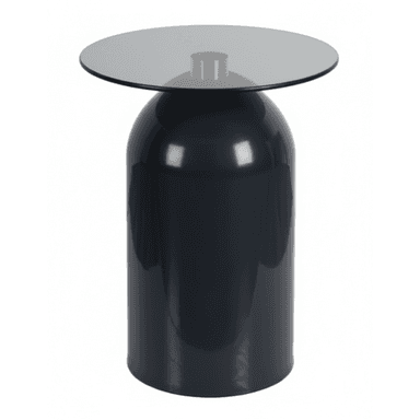 A modern side table featuring a dark gray, high-gloss cylindrical base with a bell-shaped profile, topped with a round, smoked gray glass surface. — 3D model (AI enhanced source)