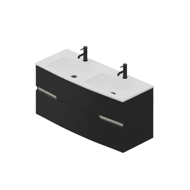 A modern wall-mounted double bathroom vanity featuring a matte black cabinet, two integrated white ceramic sinks, and two matte black single-handle faucets. The cabinet has two drawers with recessed gold-finished pull handles. The overall design is minimalist and contemporary. — 3D model (AI enhanced source)