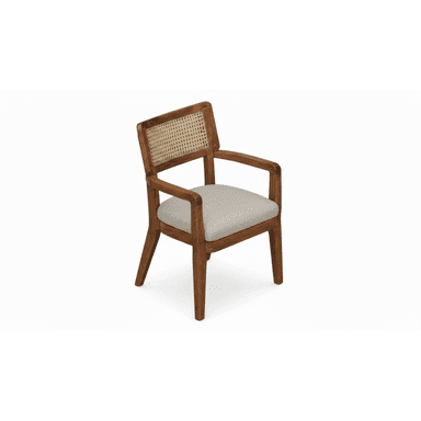 A wooden armchair featuring a cane backrest and an upholstered seat, presented on a white background. — 3D model (AI enhanced source)