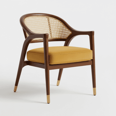 A stylish armchair featuring a dark-stained solid wood frame with a curved backrest and integrated armrests. The backrest is detailed with a woven cane panel, offering a light and airy aesthetic. A plump, square-shaped seat cushion, upholstered in a mustard yellow velvet fabric, provides comfort. The tapered legs are adorned with elegant brass caps at their feet, adding a touch of sophistication. — 3D model (AI enhanced source)