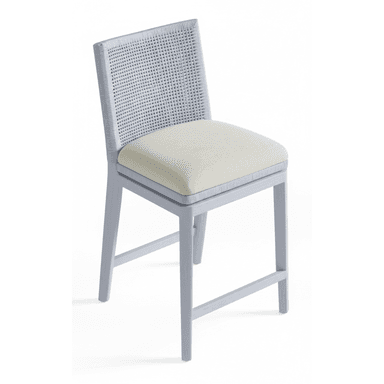A light gray counter stool featuring a woven backrest and a beige upholstered seat cushion, set on a simple wooden frame. — 3D model (AI enhanced source)
