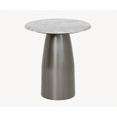 A modern side table featuring a circular grey marble top and a tapered, dark metallic pedestal base. The design is minimalist and sleek, suitable for contemporary interiors. — 3D model (AI enhanced source)