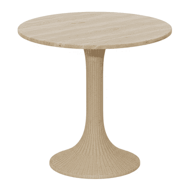 A round accent table featuring a natural travertine top and a distinctive fluted pedestal base. The base is tapered, starting wider at the bottom and narrowing towards the top, and appears to be constructed from or covered in a woven rattan material, giving it a textured, organic aesthetic. The overall color palette is natural, ranging from light beige to cream tones, characteristic of travertine and rattan. — 3D model (AI enhanced source)