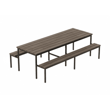 An outdoor picnic table with integrated benches, featuring a slatted dark wood tabletop and matching bench seats, all supported by a sturdy dark-colored metal frame with a minimalist, angular design. — 3D model (AI enhanced source)