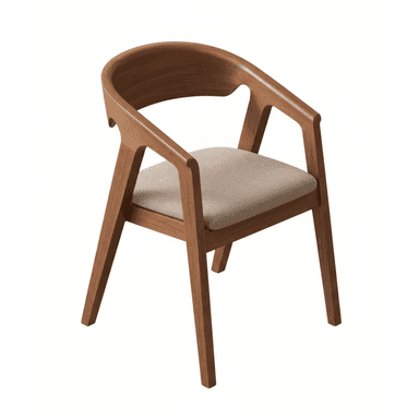 A modern wooden armchair featuring a seamless, curved backrest that flows into integrated armrests. The chair has a comfortable padded seat upholstered in a light, neutral fabric, supported by a sturdy wooden frame. — 3D model (AI enhanced source)