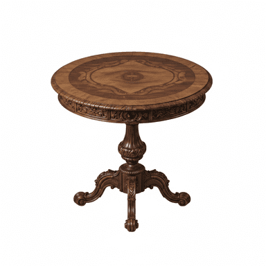 A round accent table with a pedestal base and ornate detailing. The tabletop features intricate wood inlay with a central oval motif and decorative banding. The pedestal base is turned and carved, supported by three scrolled legs that terminate in bun feet. The apron of the table is also heavily carved with a foliate pattern. — 3D model (AI enhanced source)