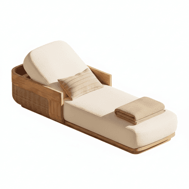 A contemporary chaise lounge featuring a natural wood frame, upholstered in cream bouclé-like fabric for the main cushions. The design includes distinctive woven panels integrated into the side sections of the wooden frame. An adjustable backrest provides versatility for reclining. A small striped accent pillow and a folded beige throw blanket are placed on the lounge. — 3D model (AI enhanced source)