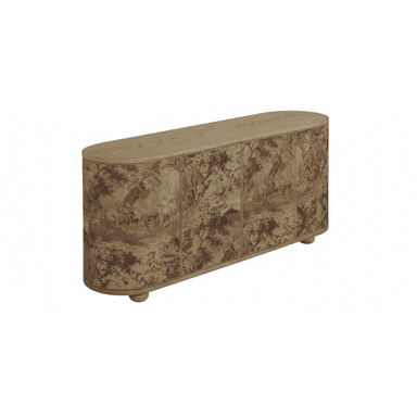 An elongated, low credenza featuring a light wood top, base, and bun feet, with its front facade comprising multiple doors covered in a detailed scenic print resembling Toile de Jouy. The ends of the credenza are gracefully curved, contributing to its unique silhouette. The print depicts pastoral scenes in monochromatic brown tones. — 3D model (AI enhanced source)