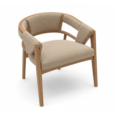 A contemporary upholstered armchair featuring a light wood frame with a curved backrest and armrests, and beige fabric upholstery. — 3D model (AI enhanced source)