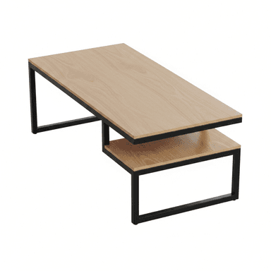 A rectangular, two-tier coffee table featuring light-colored wooden surfaces and a black metal frame. The top tier is significantly larger and is offset from the smaller, lower tier, creating a dynamic, multi-level design. The frame consists of minimalist rectangular metal tubing, providing a sturdy, open base. — 3D model (AI enhanced source)