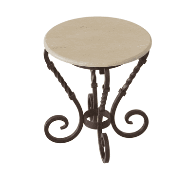 A round-top side table with a cream-colored, possibly stone or composite, surface. The base is constructed from dark brown wrought iron, featuring twisted columnar legs that transition into decorative scrollwork near the floor. The design suggests a rustic or traditional aesthetic. — 3D model (AI enhanced source)