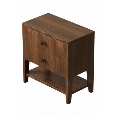 A dark wood nightstand featuring two drawers and an open bottom shelf, supported by four tapered legs. — 3D model (AI enhanced source)