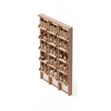 A wooden shelving unit with multiple angled shelves designed to display bottles. The unit has a light wood finish and appears to be free-standing. — 3D model (AI enhanced source)