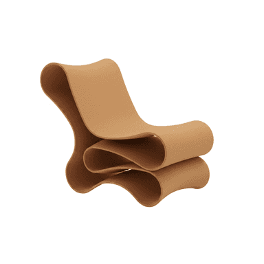 A highly sculptural lounge chair characterized by its continuous, ribbon-like form, creating an integrated seat and backrest. The design features undulating curves and appears to be self-supporting, rendered in a warm tan or camel-colored material with a soft, felted texture. — 3D model (AI enhanced source)