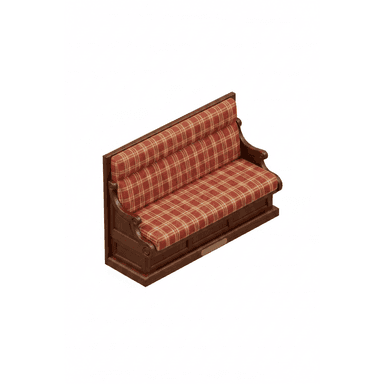A traditional banquette seating unit featuring a dark, carved wooden frame and red and cream plaid upholstered seating. The backrest has three horizontally tufted sections, and the arms are low and scrolled. A small brass plaque is visible on the front. — 3D model (AI enhanced source)