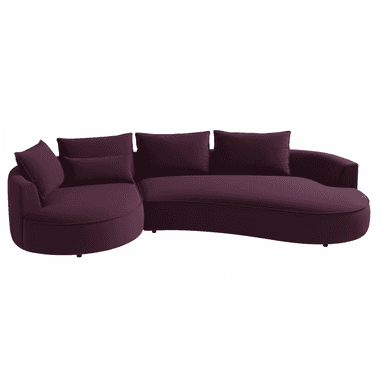 A large, contemporary curved sectional sofa featuring a deep purple fabric upholstery. The sofa includes an integrated round chaise lounge component on one end, transitioning into a curved seating section. It is furnished with multiple loose back cushions and accent pillows, all matching the deep purple upholstery. The design incorporates a low profile with recessed feet, giving it a floating appearance. — 3D model (AI enhanced source)