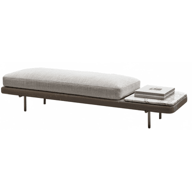 A contemporary bench featuring a long, rectangular light grey fabric upholstered cushion, a dark brown leather-wrapped base, and an integrated white marble side table, all supported by slim, dark-finished metal legs. — 3D model (AI enhanced source)