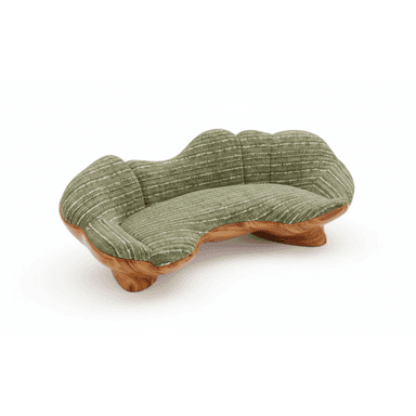 A highly distinctive and sculptural sofa featuring an organic, undulating form. The seat and backrest are upholstered in a textured green fabric with subtle lighter stripes, conforming to the natural curves of the piece. The sofa is supported by a substantial, hand-carved wooden base with a rich, warm grain that mimics the fluid lines of the upper structure. The design emphasizes natural shapes and a biomorphic aesthetic, creating a statement piece that blurs the line between furniture and art. — 3D model (AI enhanced source)