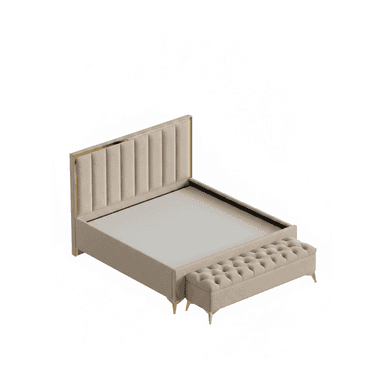 A modern platform bed featuring a tall, rectangular headboard with vertical channel tufting and a gold-tone metal frame border. The bed frame is fully upholstered in a light beige fabric, resting on four slender, angled gold-tone metal legs. A matching upholstered bench with diamond tufting and similar gold-tone legs is positioned at the foot of the bed, completing the set. — 3D model (AI enhanced source)