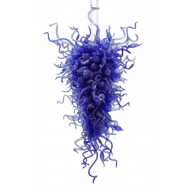 A large, elaborate chandelier constructed from numerous individual pieces of hand-blown art glass. The fixture features a voluminous, cascading form composed primarily of deep cobalt blue glass elements, including swirling tendrils, bulbous forms, and some leaf-like shapes, creating an organic and sculptural aesthetic. — 3D model (AI enhanced source)