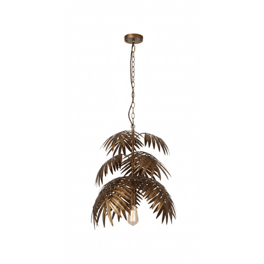 A decorative pendant light featuring a unique shade composed of multiple layers of metal palm fronds, suspended by a chain from a ceiling canopy. The fixture has an antiqued gold finish and an exposed Edison-style filament bulb. — 3D model (AI enhanced source)