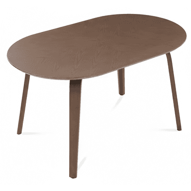 A contemporary dining table featuring an oval tabletop and four tapered legs, all constructed from wood with a dark brown finish. The table has a minimalist aesthetic with clean lines and a smooth surface. — 3D model (AI enhanced source)