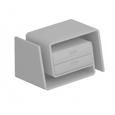 A light grey, modern bedside table or accent table featuring a distinctive curved U-shaped outer frame that encloses a smaller, rectangular storage unit with two integrated drawers. The design is minimalist with rounded edges and simple pull handles. — 3D model (AI enhanced source)