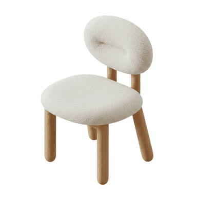 An organic modern accent chair featuring a rounded seat and a distinctive, sculpted backrest, both upholstered in a cream-colored boucle fabric. The chair stands on four sturdy, cylindrical legs made of light-toned wood, showcasing a minimalist and playful design. — 3D model (AI enhanced source)