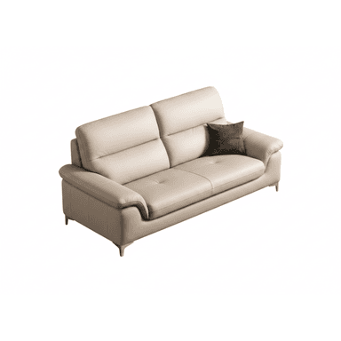 A light beige leather sofa with two seat cushions and a tufted seat base. It features a contemporary design with slightly sloped arms and a single row of tufting across the seat. The sofa is supported by slender metal legs. A single dark grey throw pillow with a textured pattern rests on the right seat cushion. — 3D model (AI enhanced source)